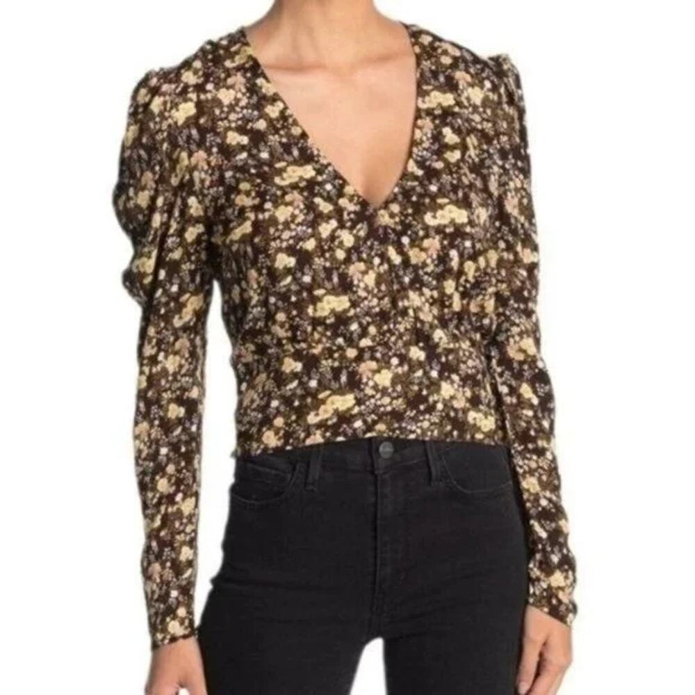 AFRM Women's Wrap-Front Top Fall Bouquet Floral Extra Small/XS NEW V-Neck Puff